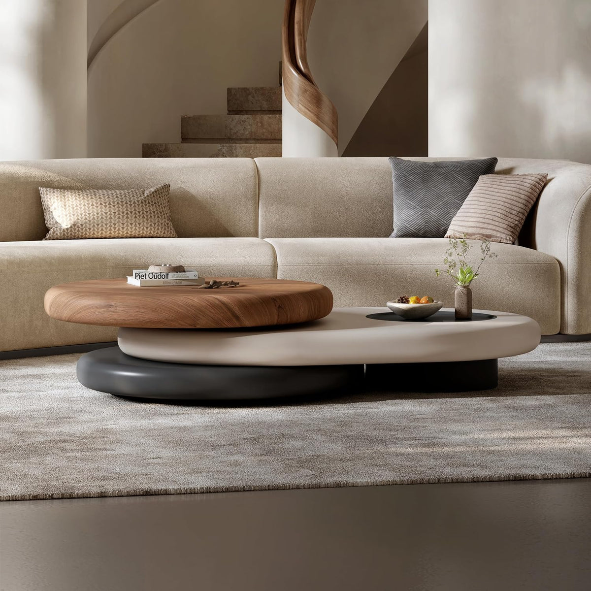 3‑Color Modern Coffee Table for Living Room, Rotating Walnut Veneer Tray