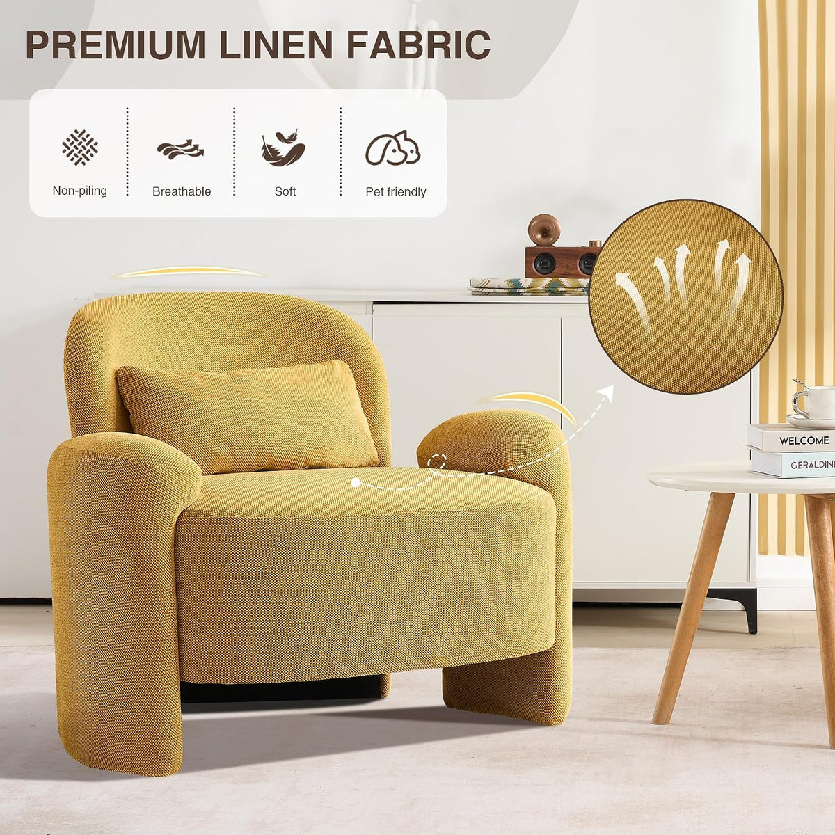LOULENS Accent Chair Set of 2, Linen Fabric Lounge Armchair, Yellow
