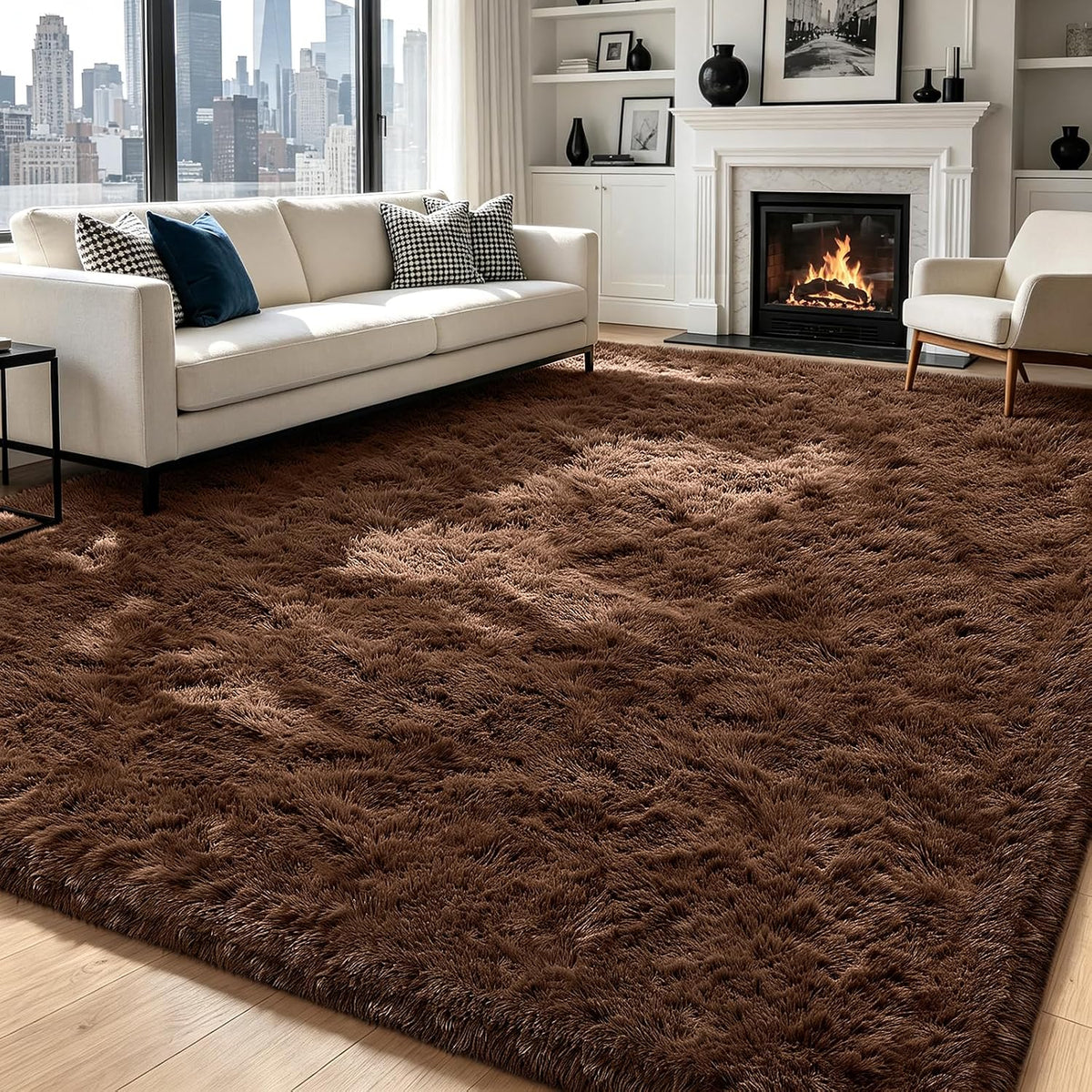 Mottled Beige 9x12 Area Rugs for Living Room, Fluffy Shag Rug Large Carpet