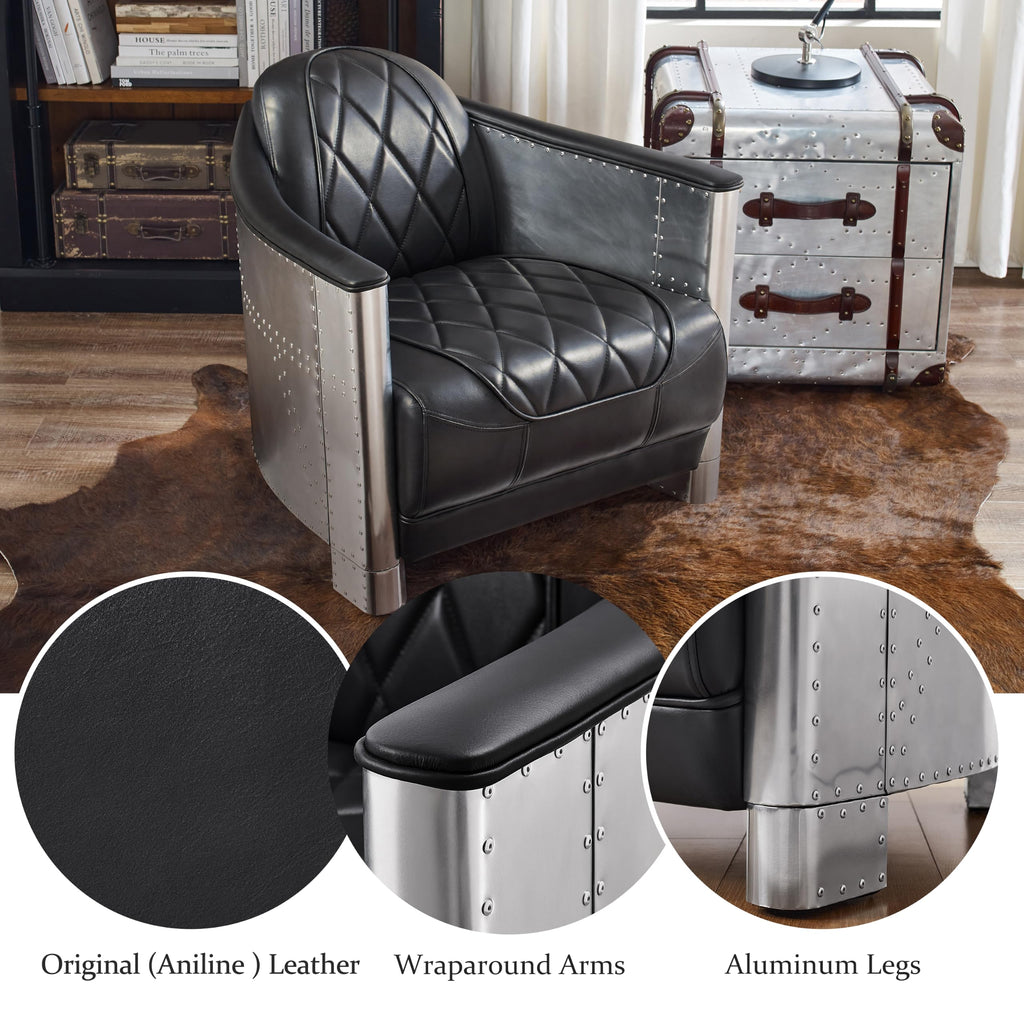 Volans Mid Century Modern Genuine Leather Accent Arm Chair with Vintage Aluminum