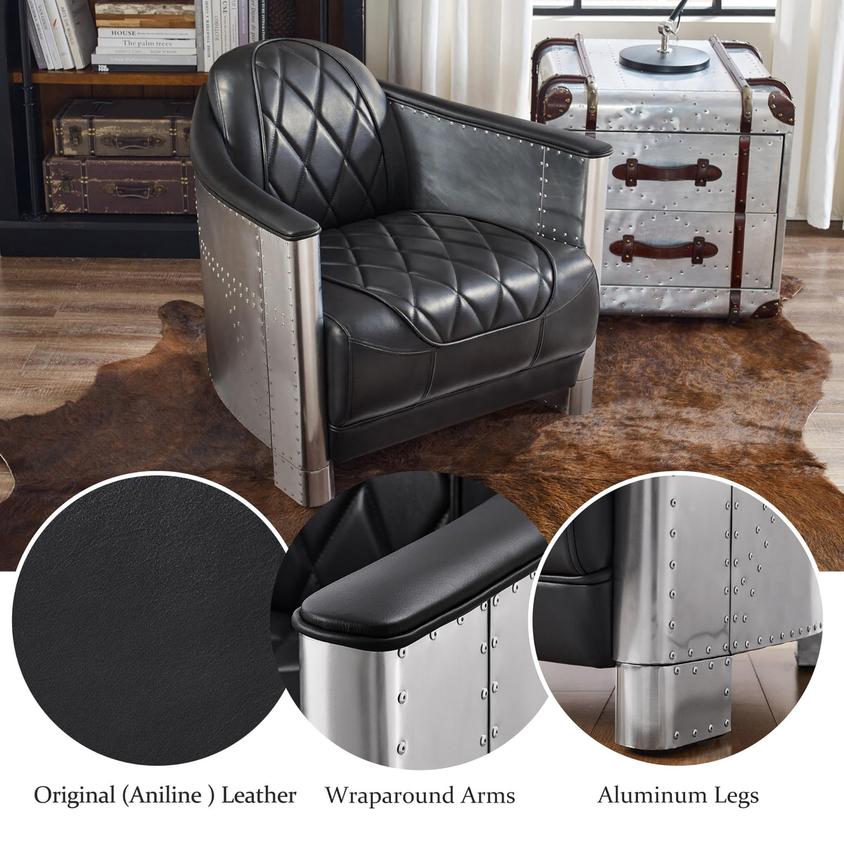 Volans Mid Century Modern Genuine Leather Accent Arm Chair with Vintage Aluminum