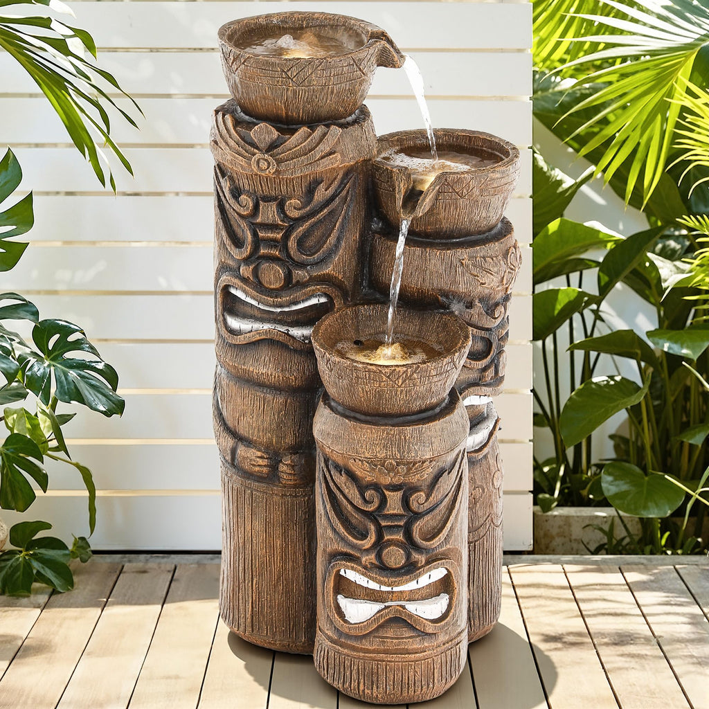 23" H Tiki Statue Outdoor Water Fountain with LED Lights