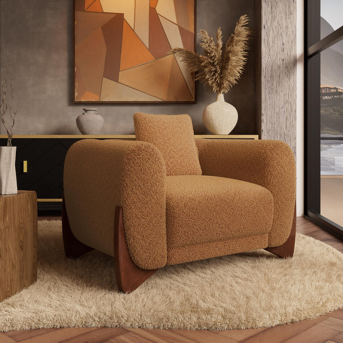 Morden Fort Boucle Chair, Upholstered Accent Chair Tilted Wooden Leg, White