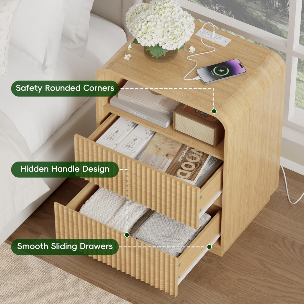 Fluted Nightstands with Charging Station, Set of 2