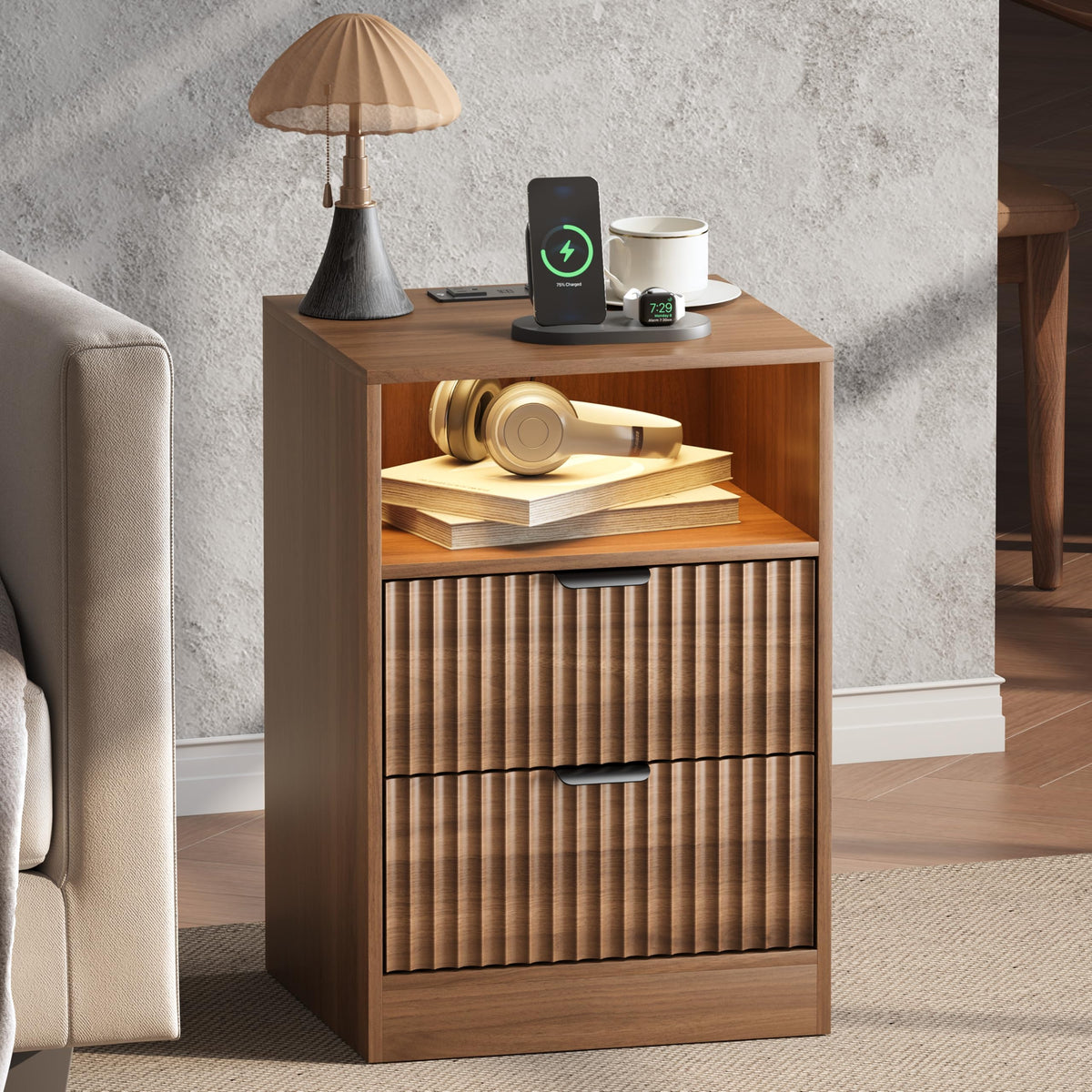 Fluted Nightstands with Charging Station, Set of 2
