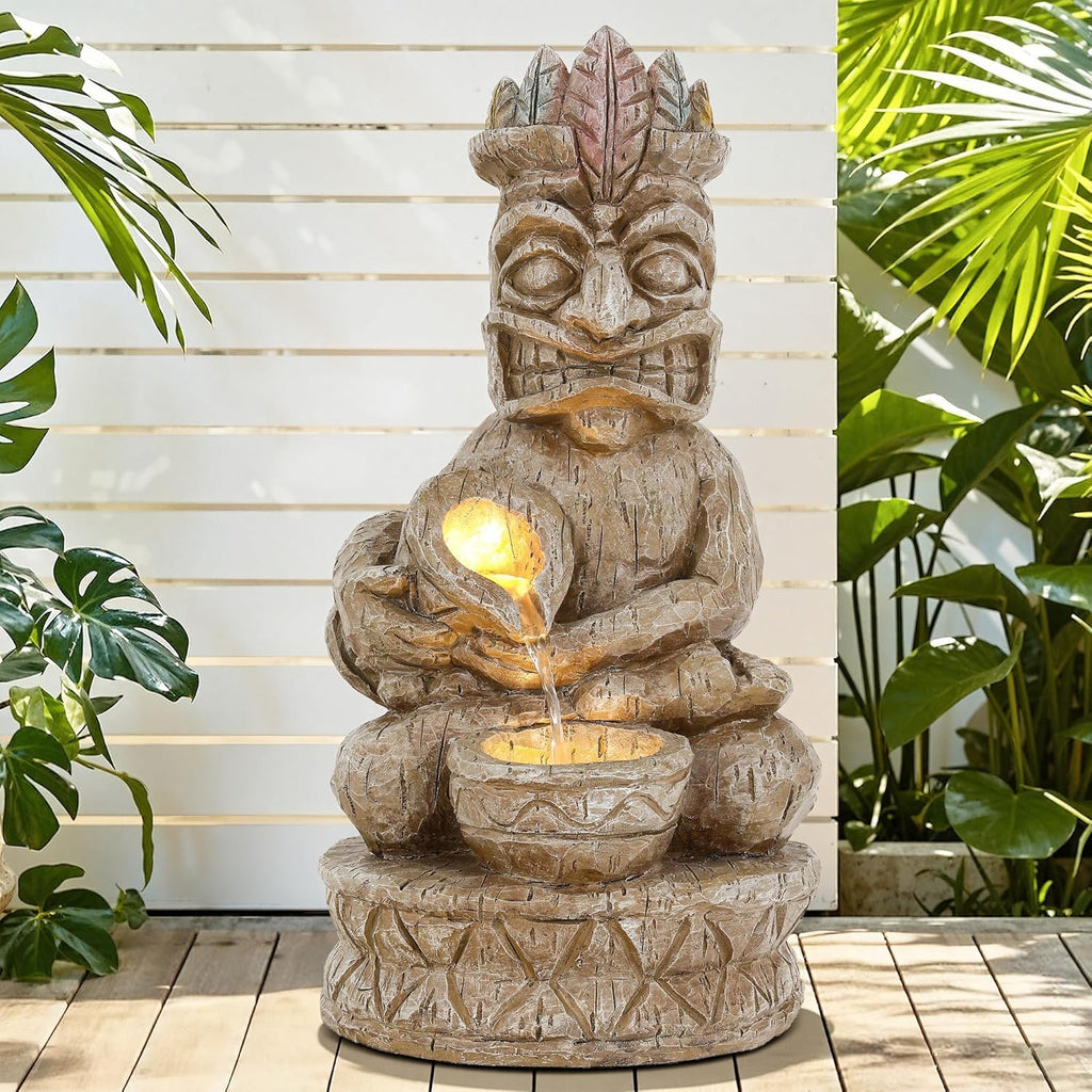23" H Tiki Statue Outdoor Water Fountain with LED Lights
