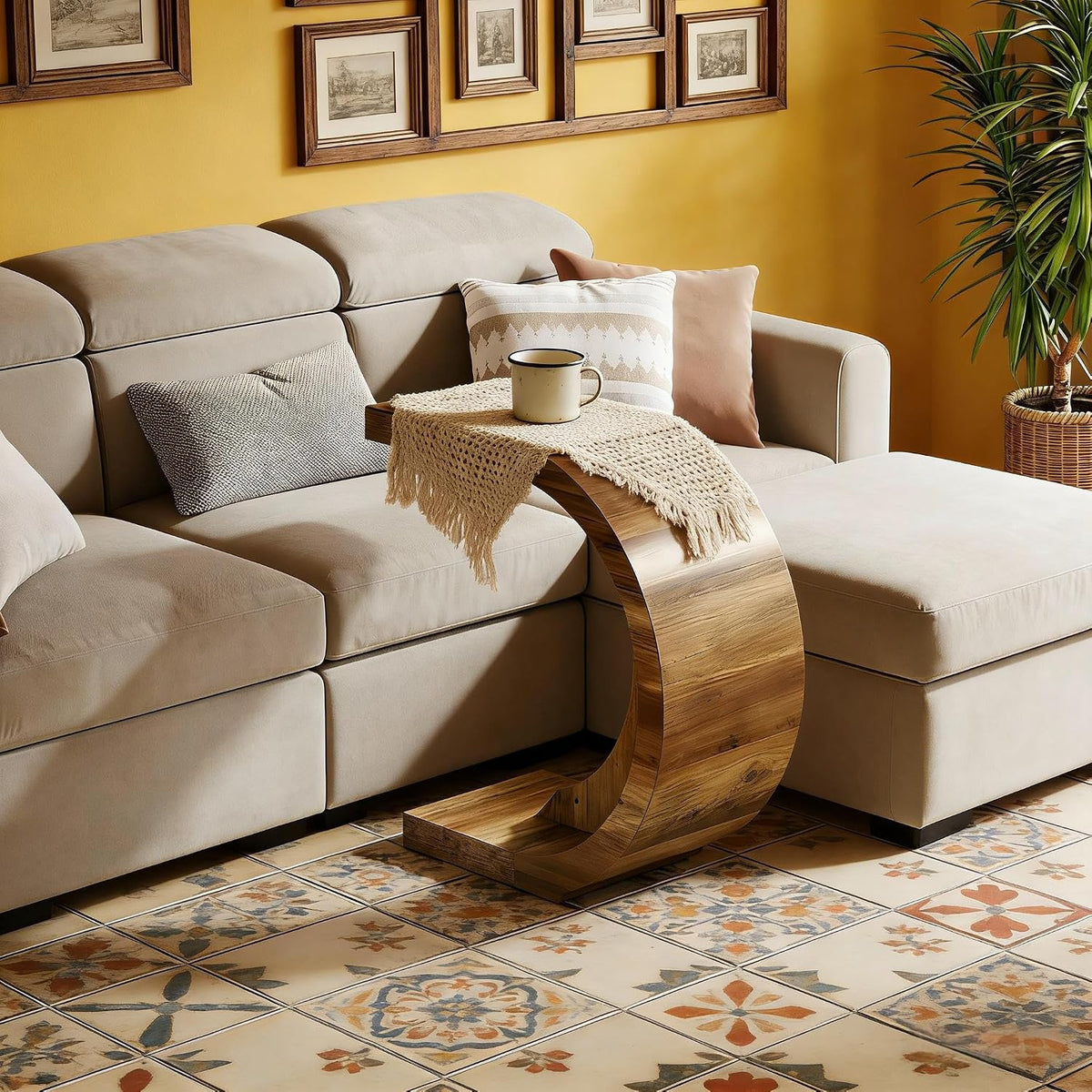Rustic C-Shaped Solid Wood Side Table