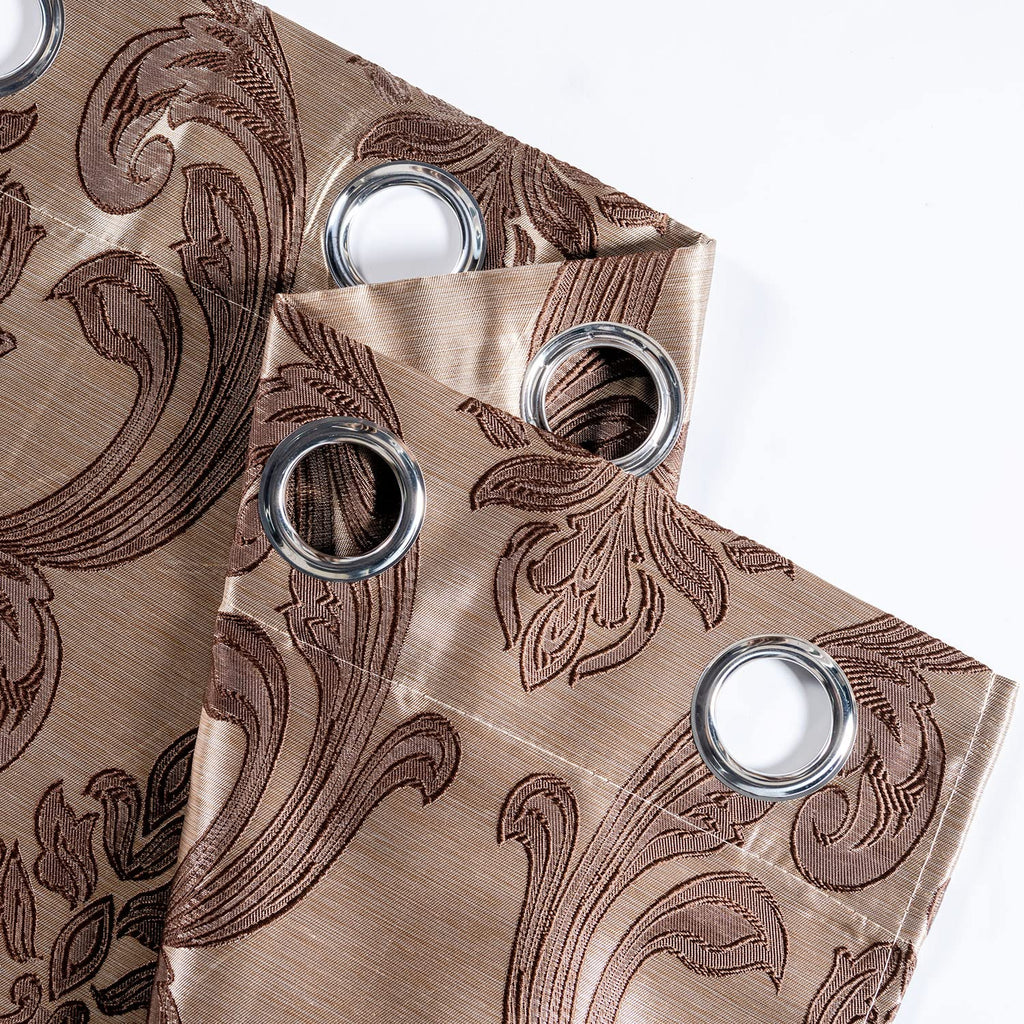 Brown Damask Grommet Curtains, Set of Two