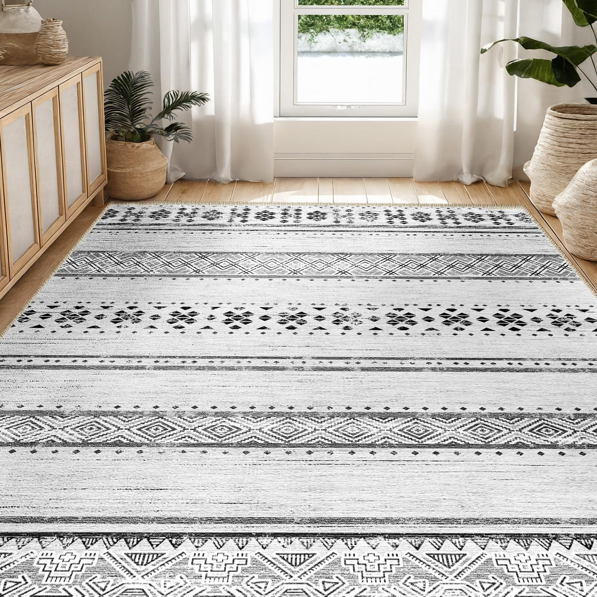 8x10 Washable Area Rugs for Living Room Boho Bedroom Rug Colorful/Black