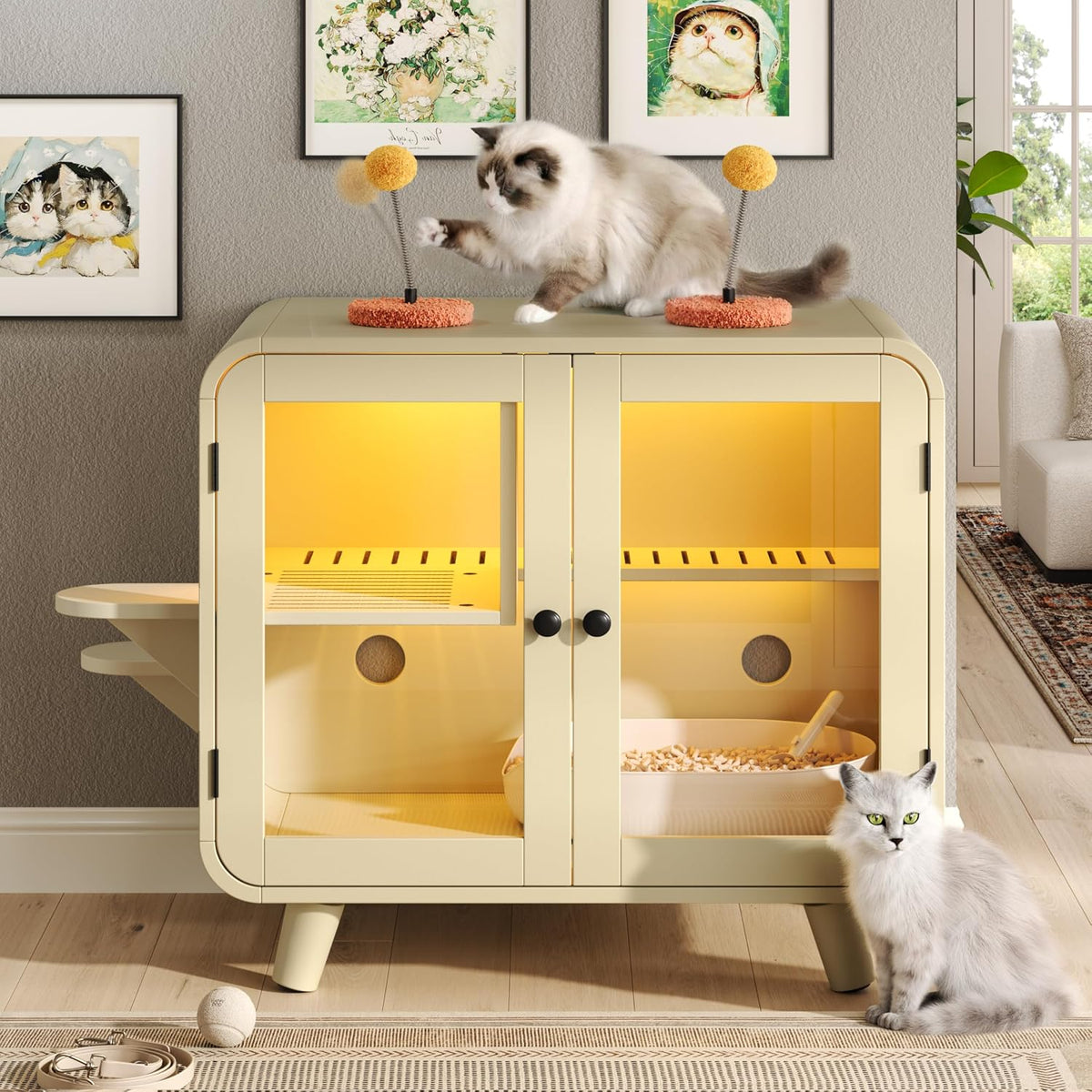 Cat Hidden Litter Box Enclosure with RGB LED Light, TV-Style Cat Litter Box Furniture Cabinet with Glass Doors, Side Stairs, Litter Leak Walkway & Pom-Pom Toys, Cat House Washroom, Beige