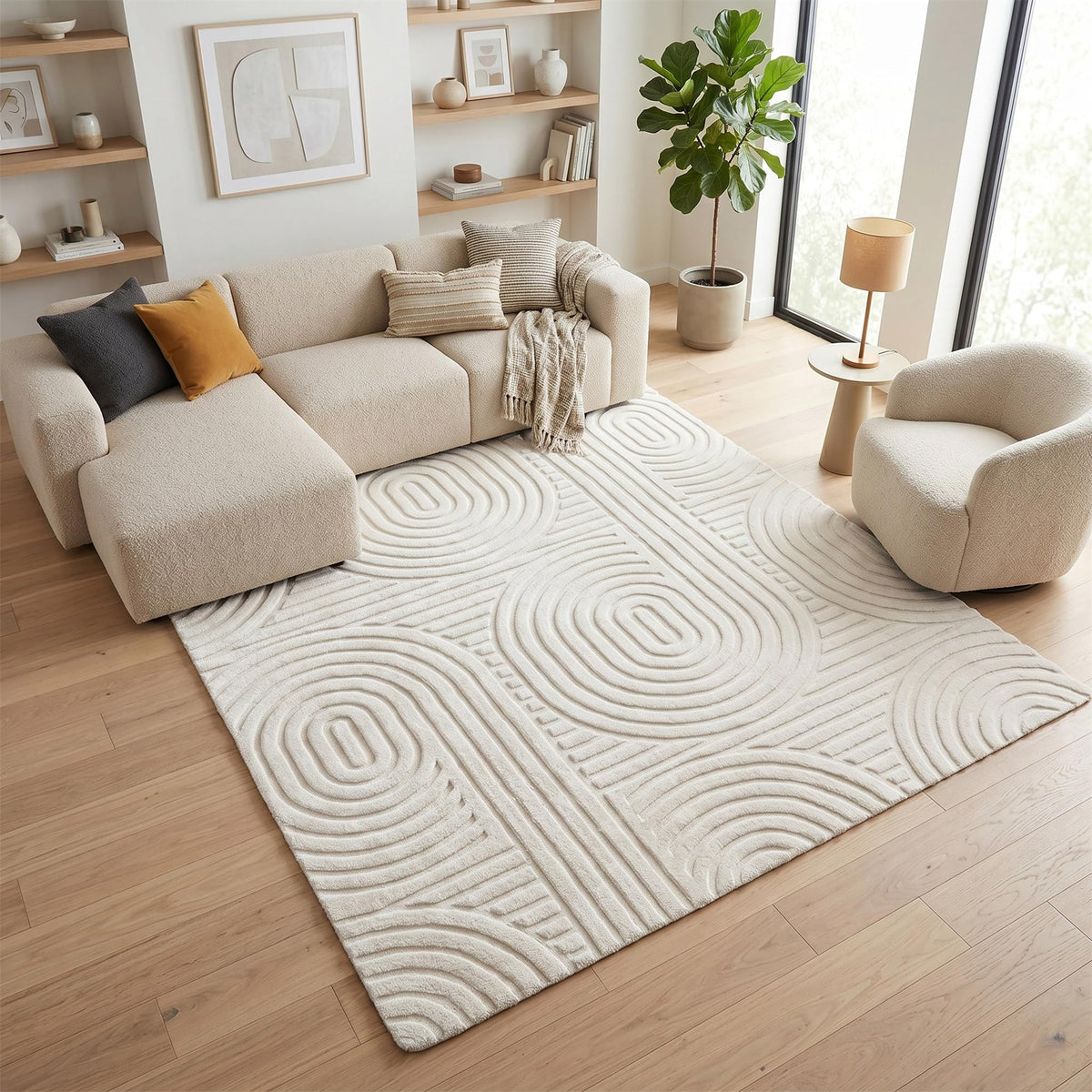 5x7 Geometric Area Rugs for Living Room, Washable Solid Beige Carpet