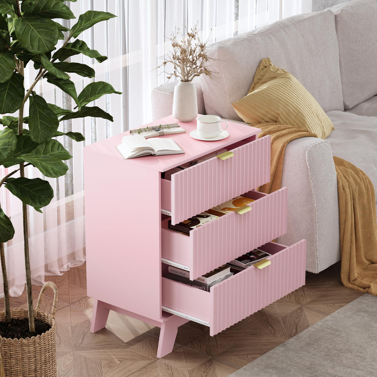 Fluted Nightstands with Charging Station, Set of 2