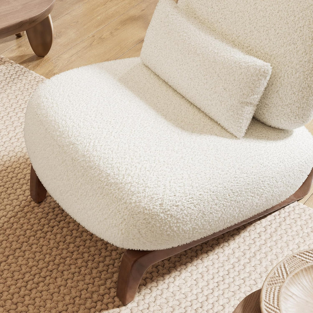 Morden Fort Boucle Chair, Upholstered Accent Chair Tilted Wooden Leg, White