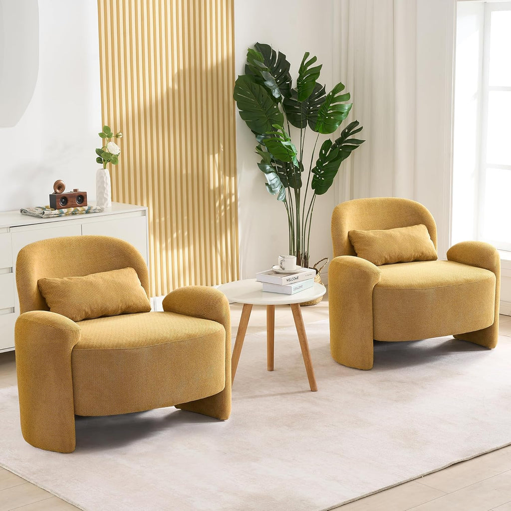 LOULENS Accent Chair Set of 2, Linen Fabric Lounge Armchair, Yellow