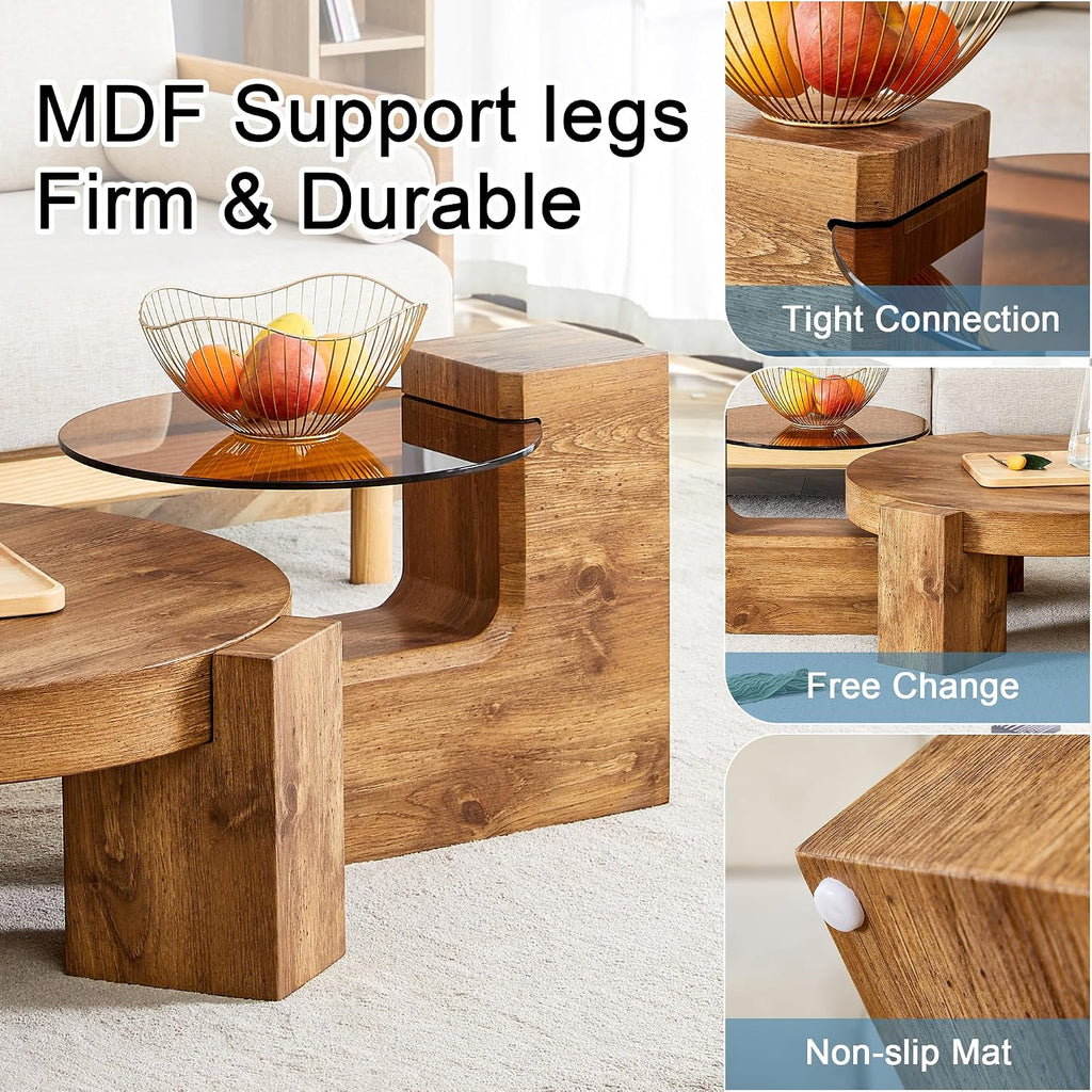 Modern Coffee Table with End Table Set, 30 Inch Combination Wooden Round Coffee Table Minimalist Center Table for Living Room, Bedroom, Office