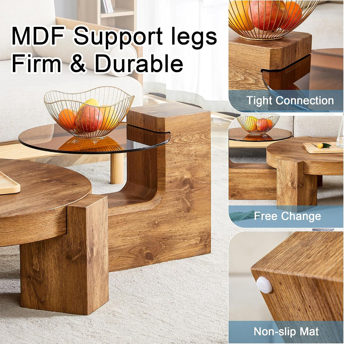 Modern Coffee Table with End Table Set, 30 Inch Combination Wooden Round Coffee Table Minimalist Center Table for Living Room, Bedroom, Office