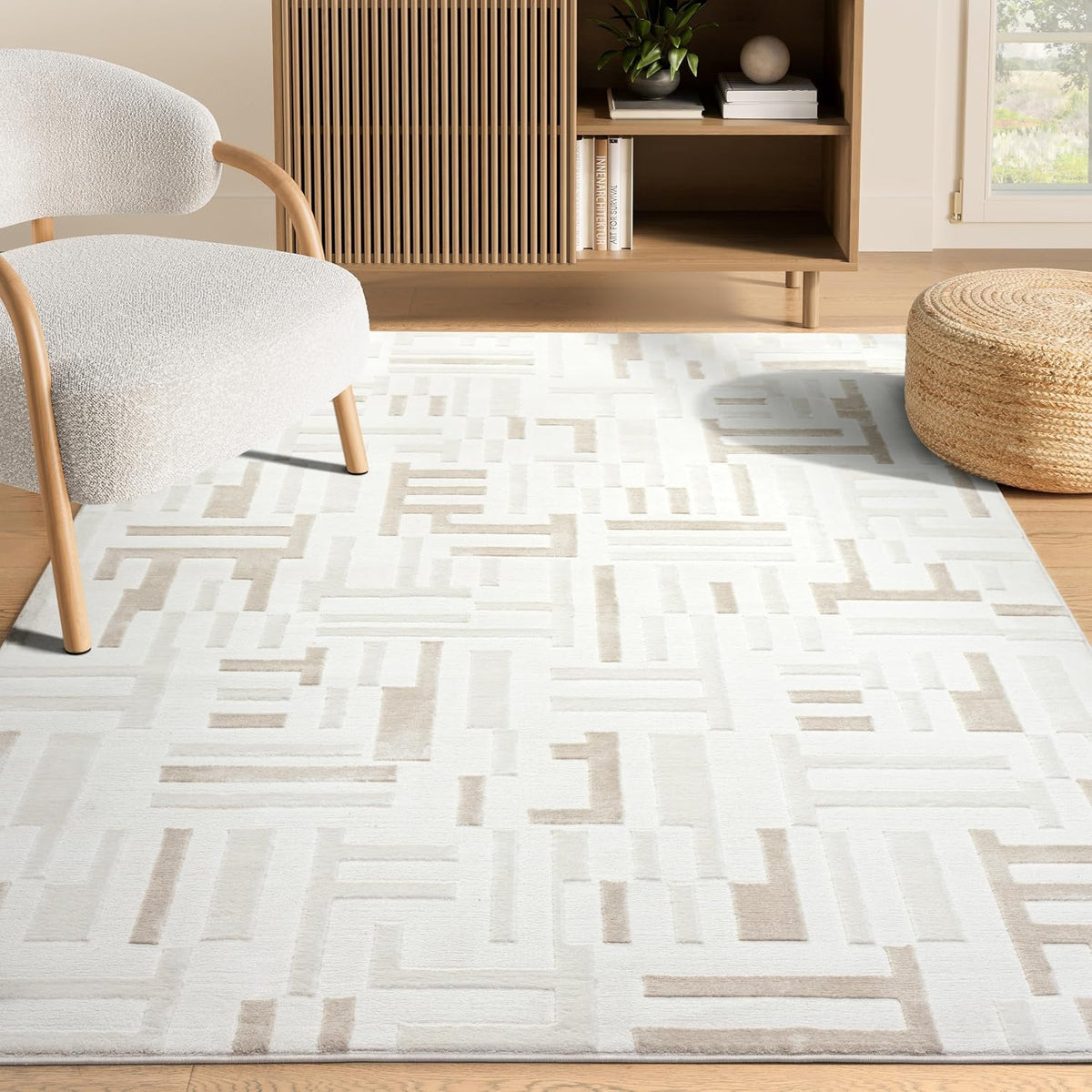 Abani Beige Area Rug - 4' x 6' - Living Room & Bedroom - Geometric Maze Design -