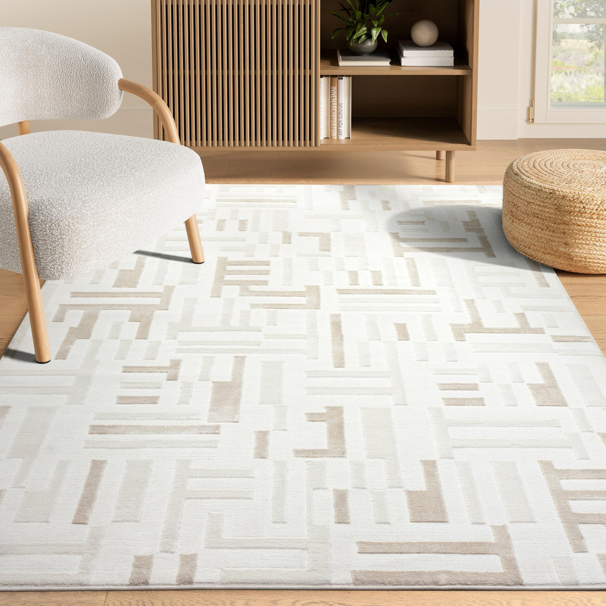 Abani Beige Area Rug - 4' x 6' - Living Room & Bedroom - Geometric Maze Design -
