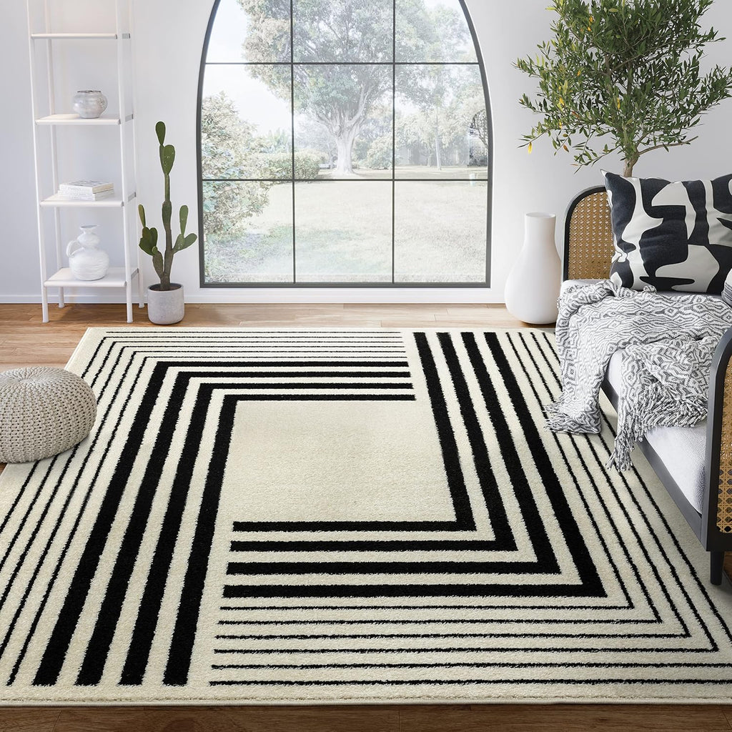 Abani Geometric Beige/Black Area Rug -6'x9' - Modern 3D Lines Design - Deco