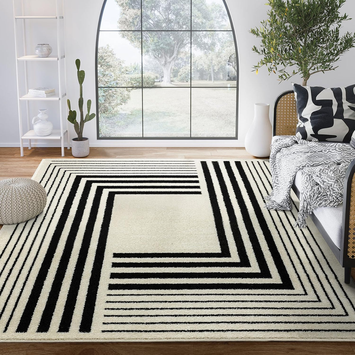 Abani Geometric Beige/Black Area Rug -6'x9' - Modern 3D Lines Design - Deco