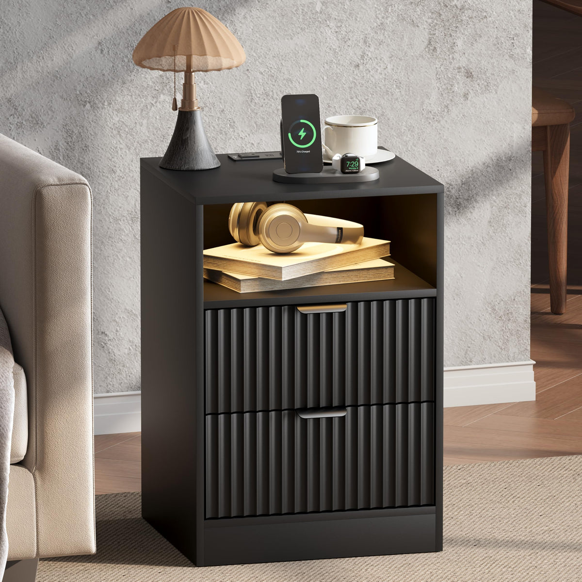 Fluted Nightstands with Charging Station, Set of 2