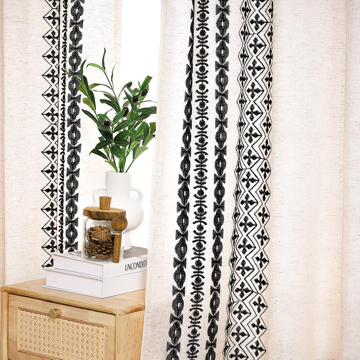 Beige Boho Linen-Texture Curtains, Set of Two