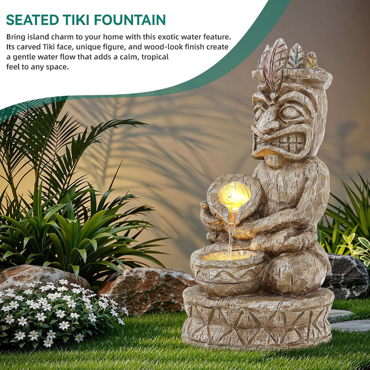 23" H Tiki Statue Outdoor Water Fountain with LED Lights