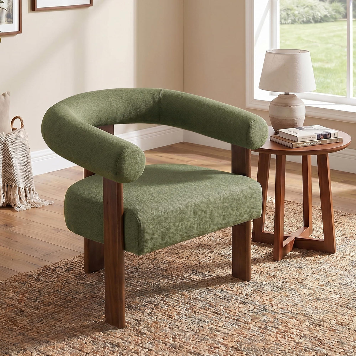 Usaint Upholstered Barrel Accent Chair with Walnut Wood Legs and Armrests