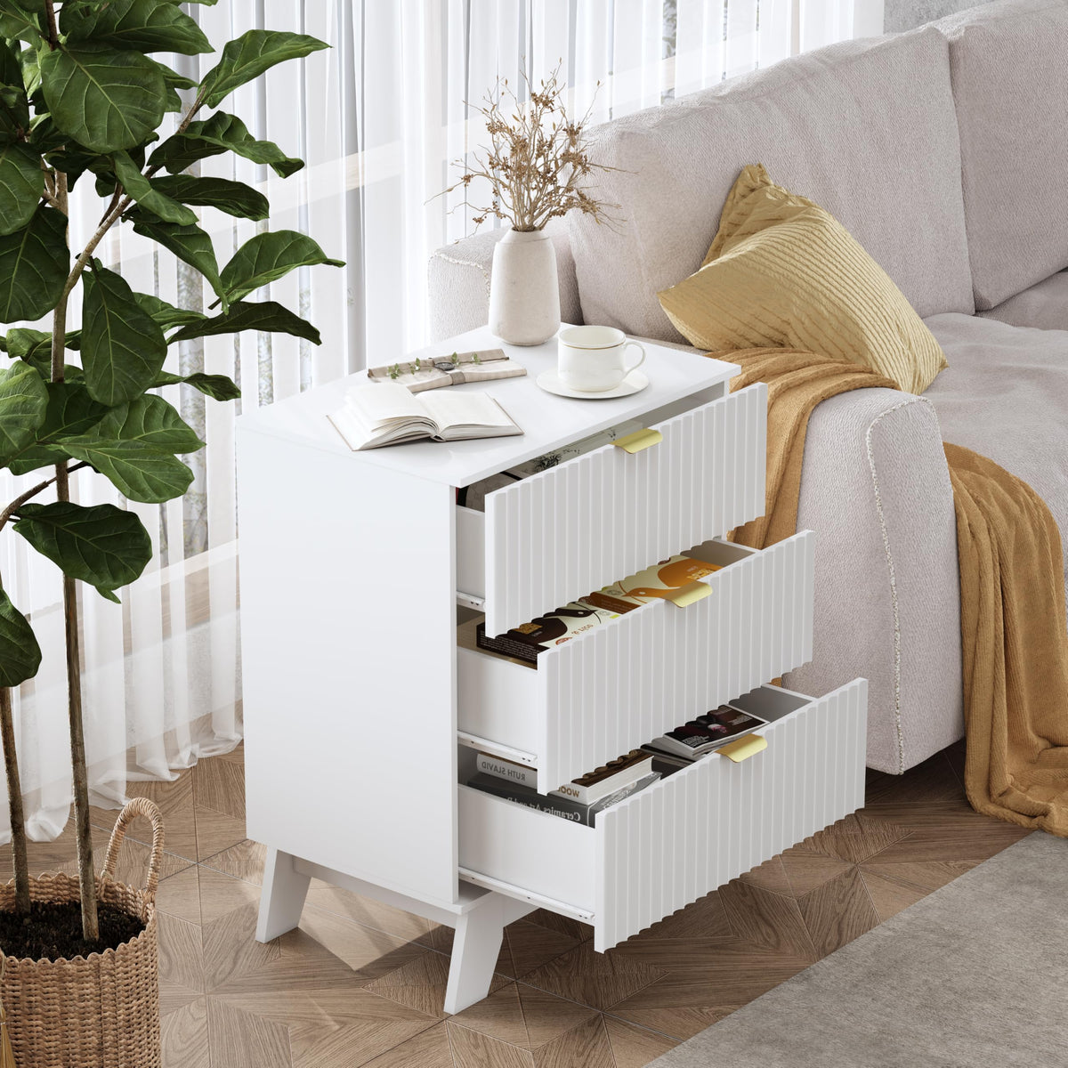 Fluted Nightstands with Charging Station, Set of 2