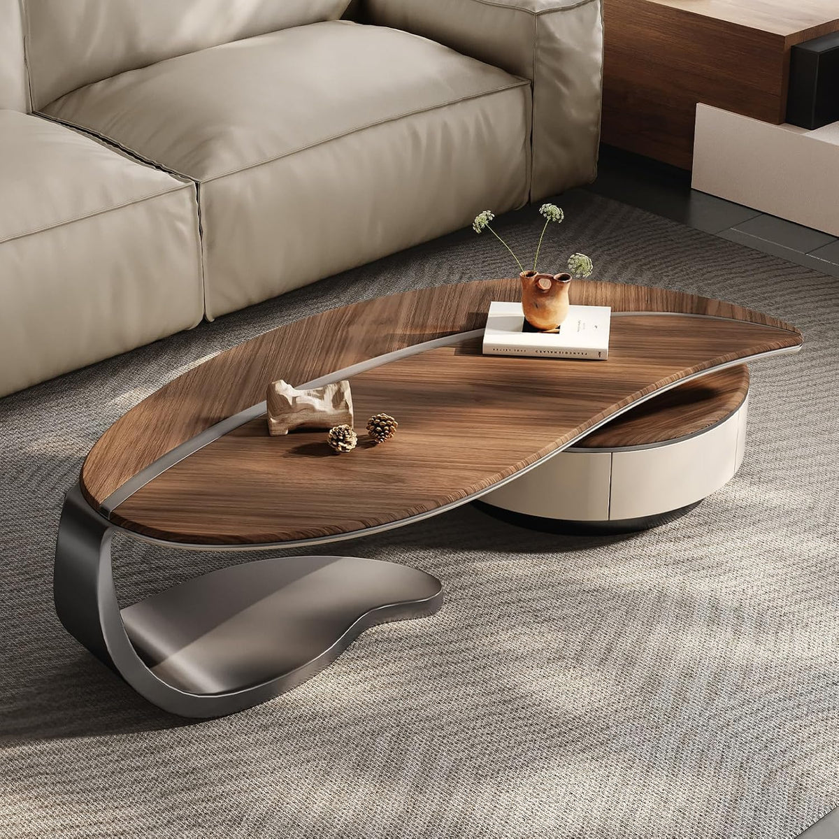 Leaf-Shaped Coffee Table with Two Drawers