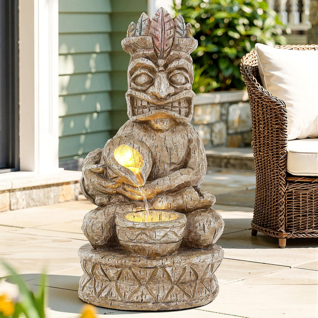 23" H Tiki Statue Outdoor Water Fountain with LED Lights