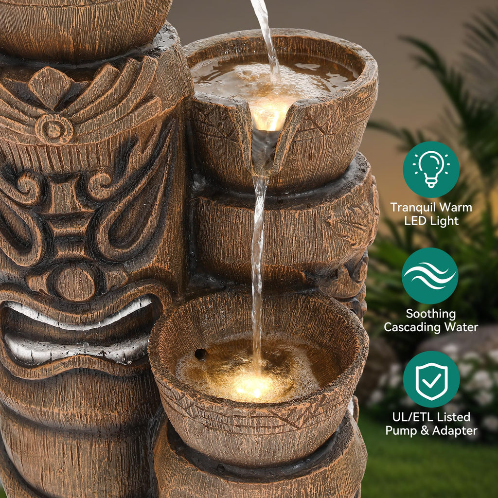 23" H Tiki Statue Outdoor Water Fountain with LED Lights