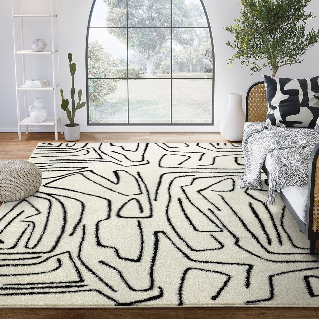 Abani Abstract Beige/Black Area Rug - 5'x8' - Modern Animal/Natural Lines Design -