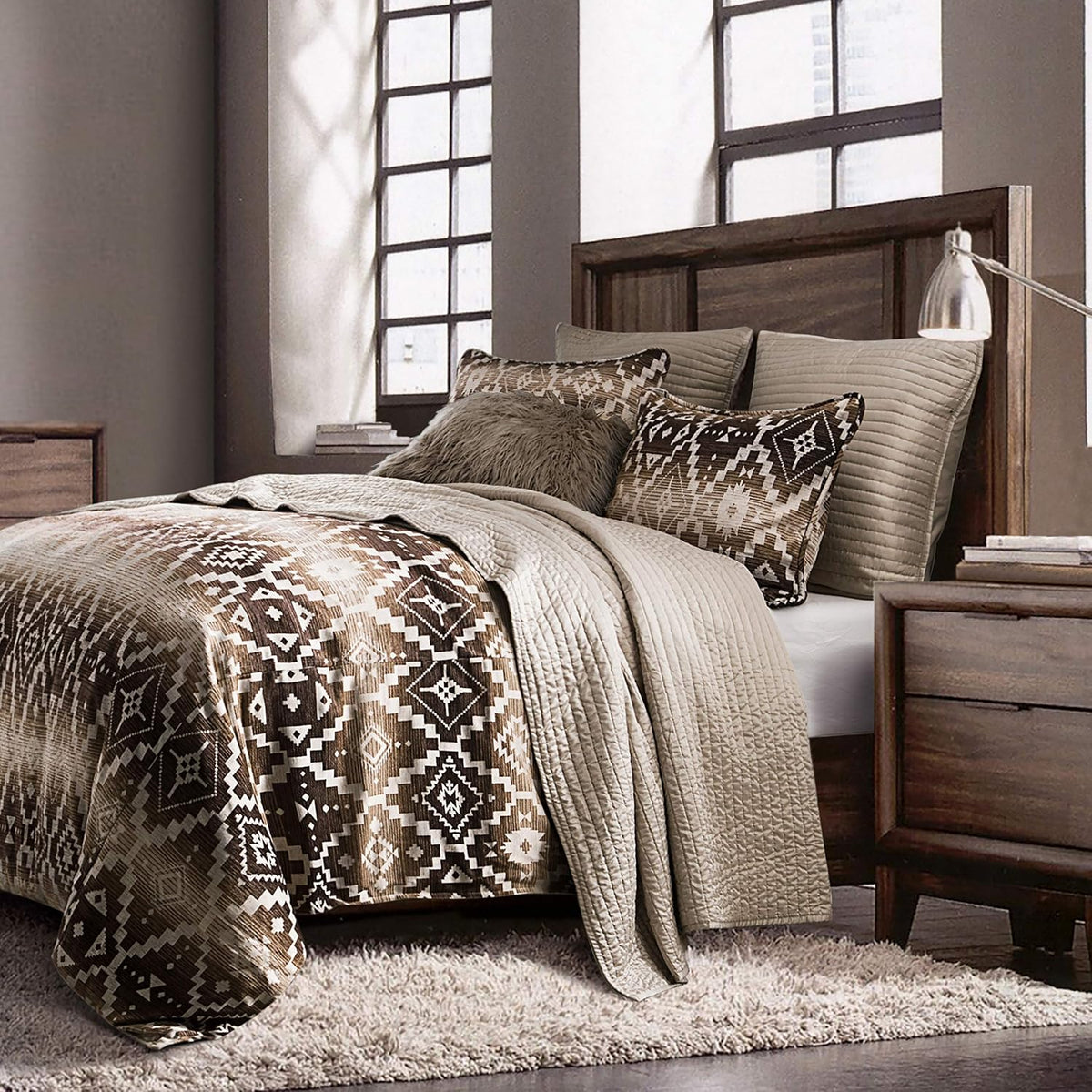 Paseo Road Chalet Aztec 3 Piece King Cream Brown Chenille Comforter Set