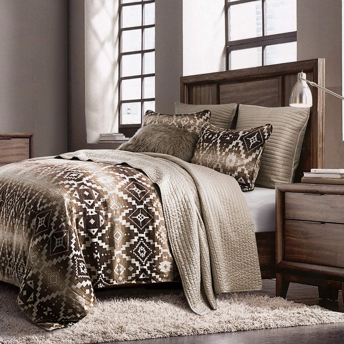 Paseo Road Chalet Aztec 3 Piece King Cream Brown Chenille Comforter Set