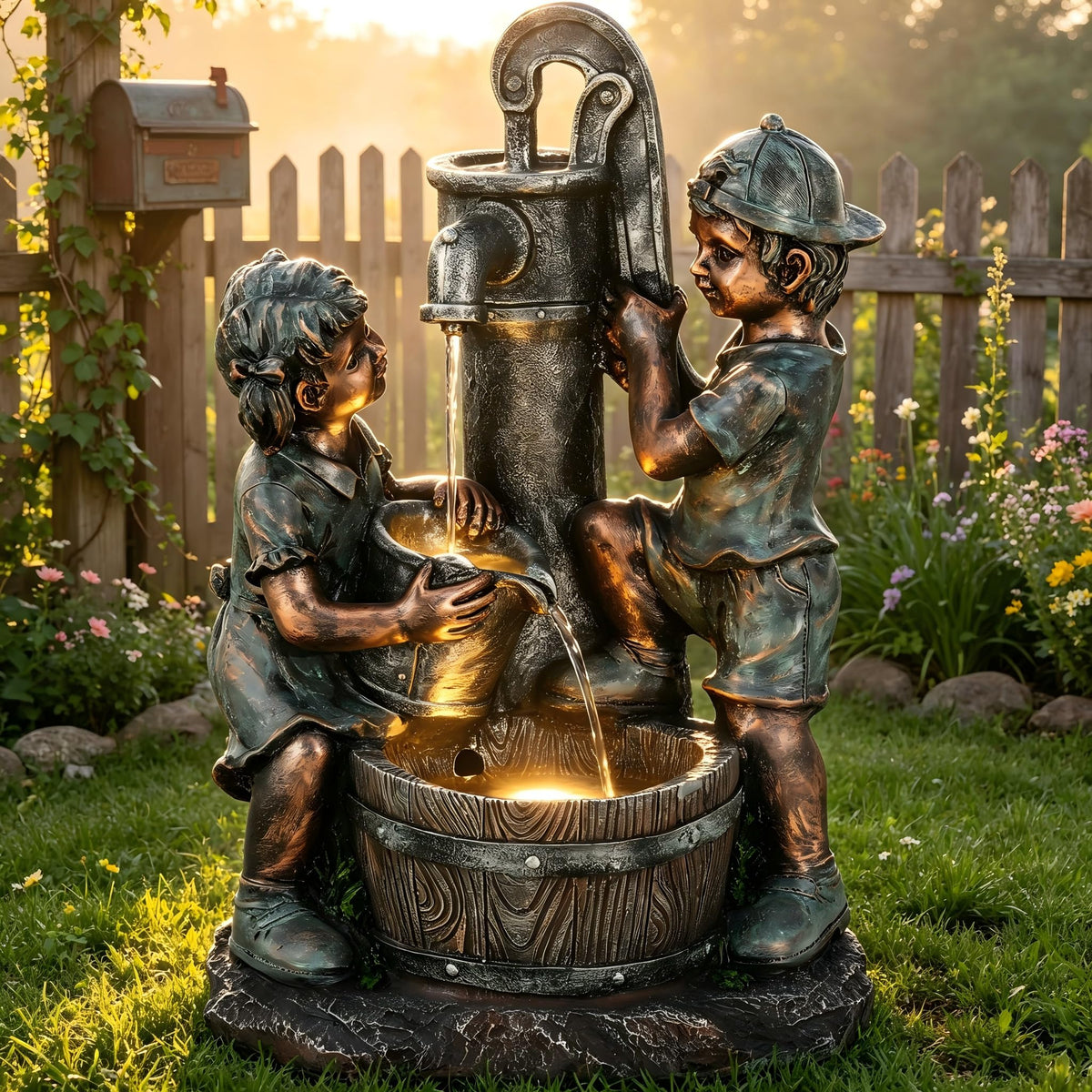 23" H Tiki Statue Outdoor Water Fountain with LED Lights