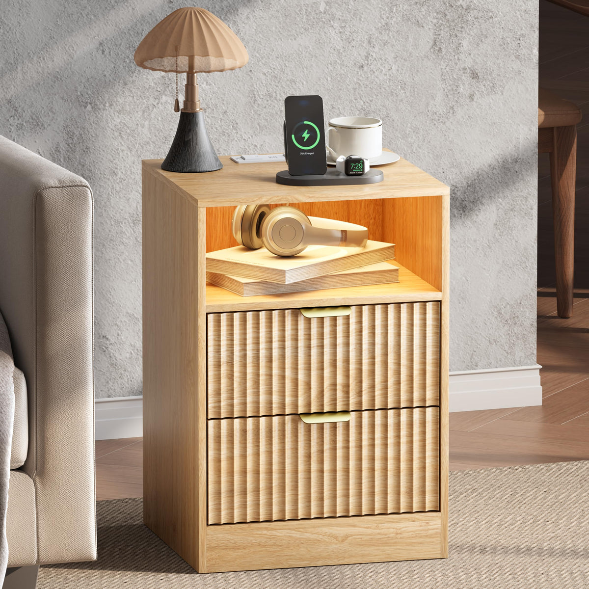 Fluted Nightstands with Charging Station, Set of 2
