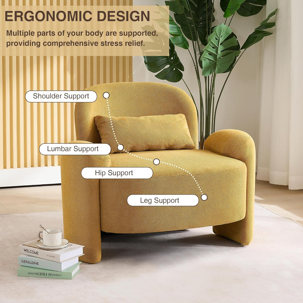 LOULENS Accent Chair Set of 2, Linen Fabric Lounge Armchair, Yellow