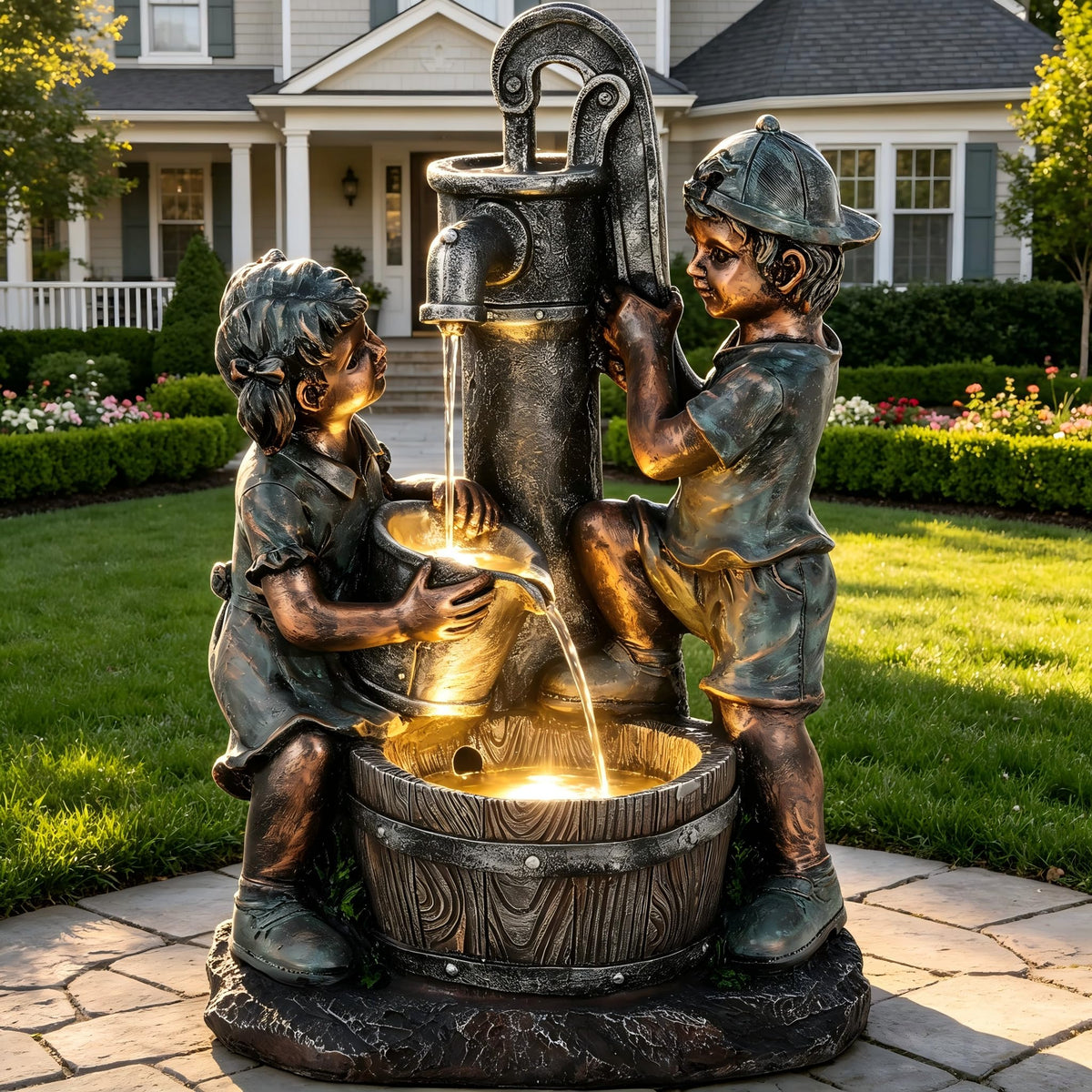 23" H Tiki Statue Outdoor Water Fountain with LED Lights