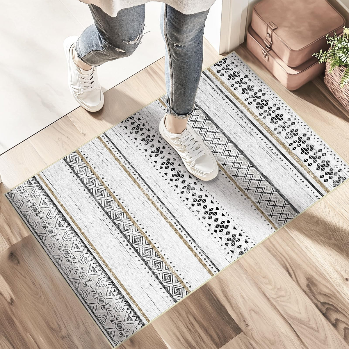 8x10 Washable Area Rugs for Living Room Boho Bedroom Rug Colorful/Black