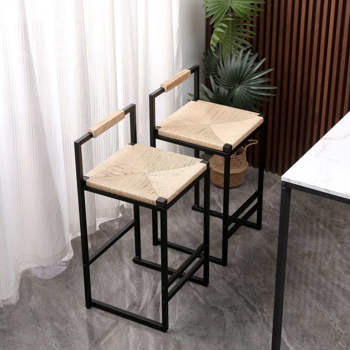 Stylish (Set of 2) Bar Stools With Backrest And Paper Rope Woven Seat