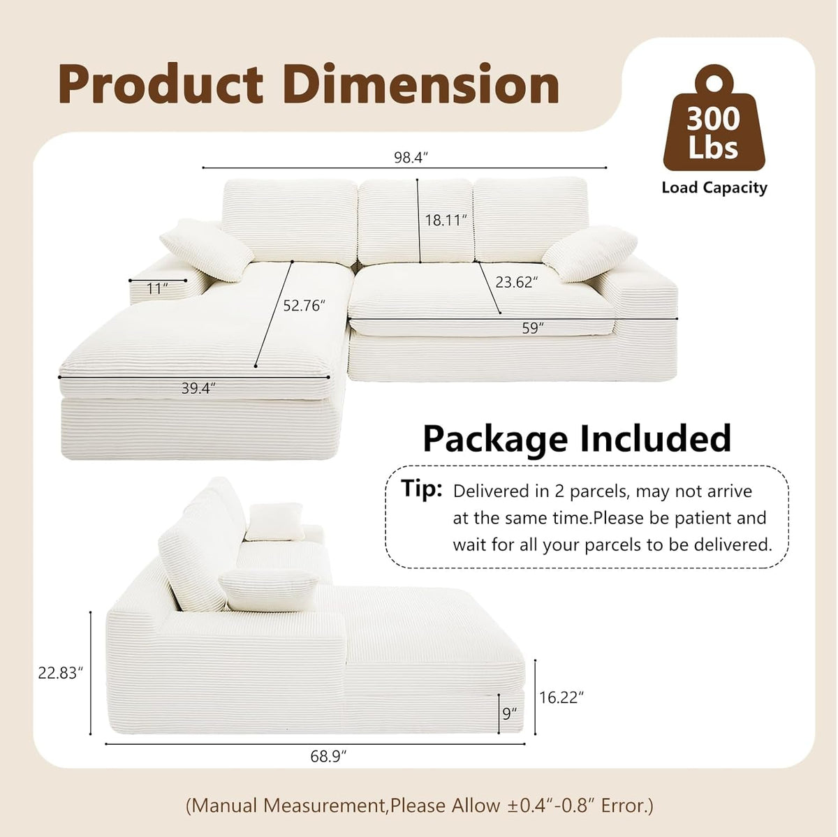 98.4-Inch Beige Cloud Sectional Sofa with Chaise