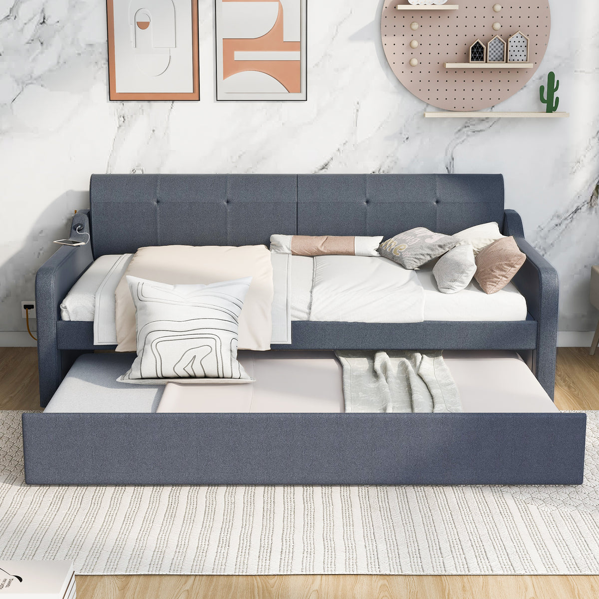 Twin Size Upholstery DayBed with Trundle and USB Charging Design Trundle can be