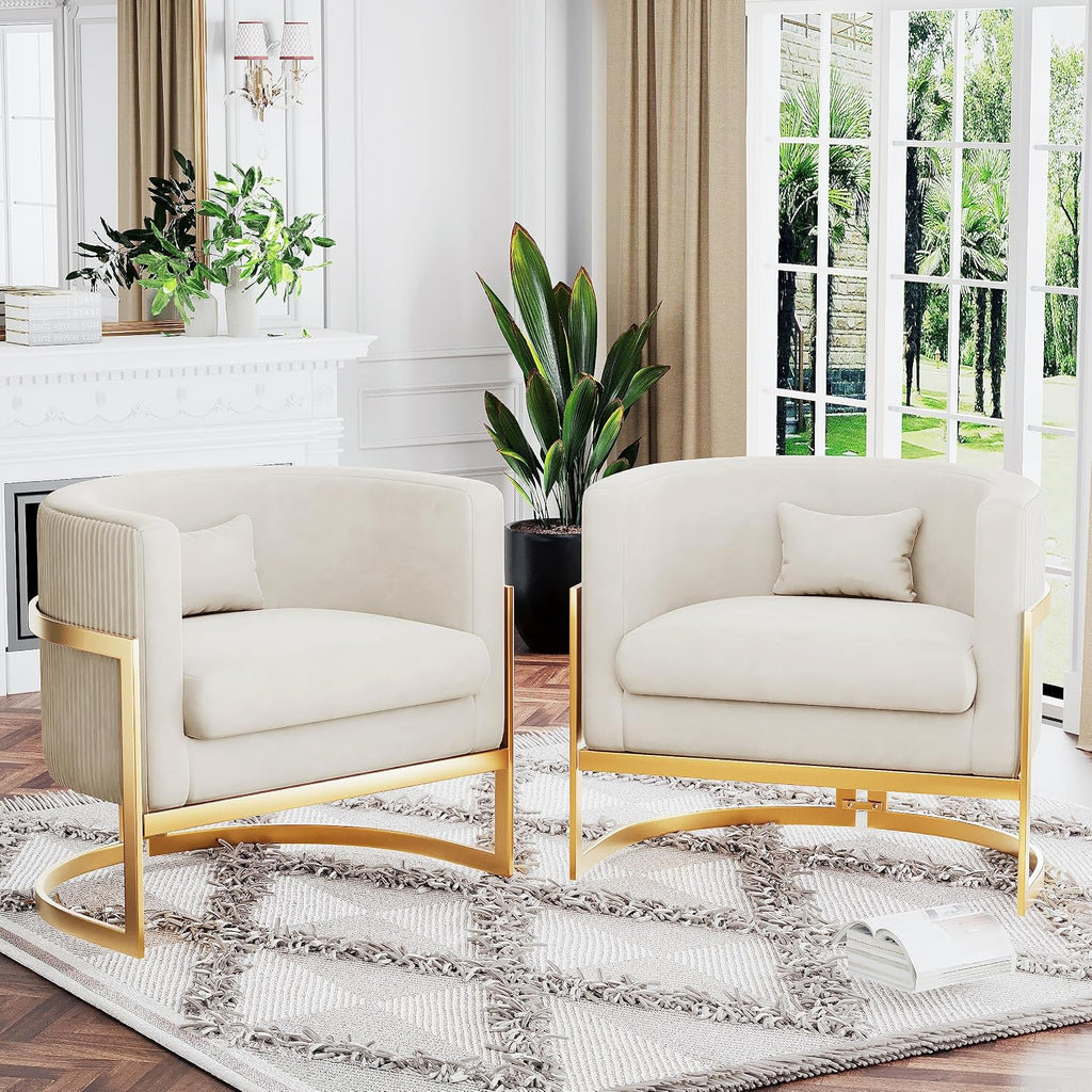 Velvet Accent Chair Ivory Modern Barrel Chair with Gold Legs