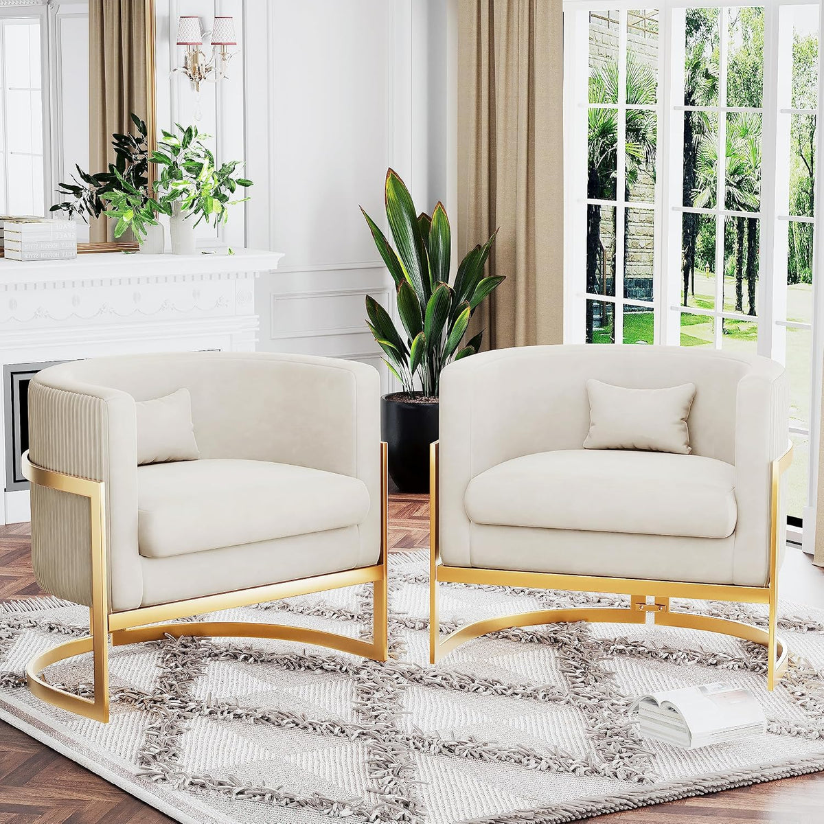 Velvet Accent Chair Ivory Modern Barrel Chair with Gold Legs