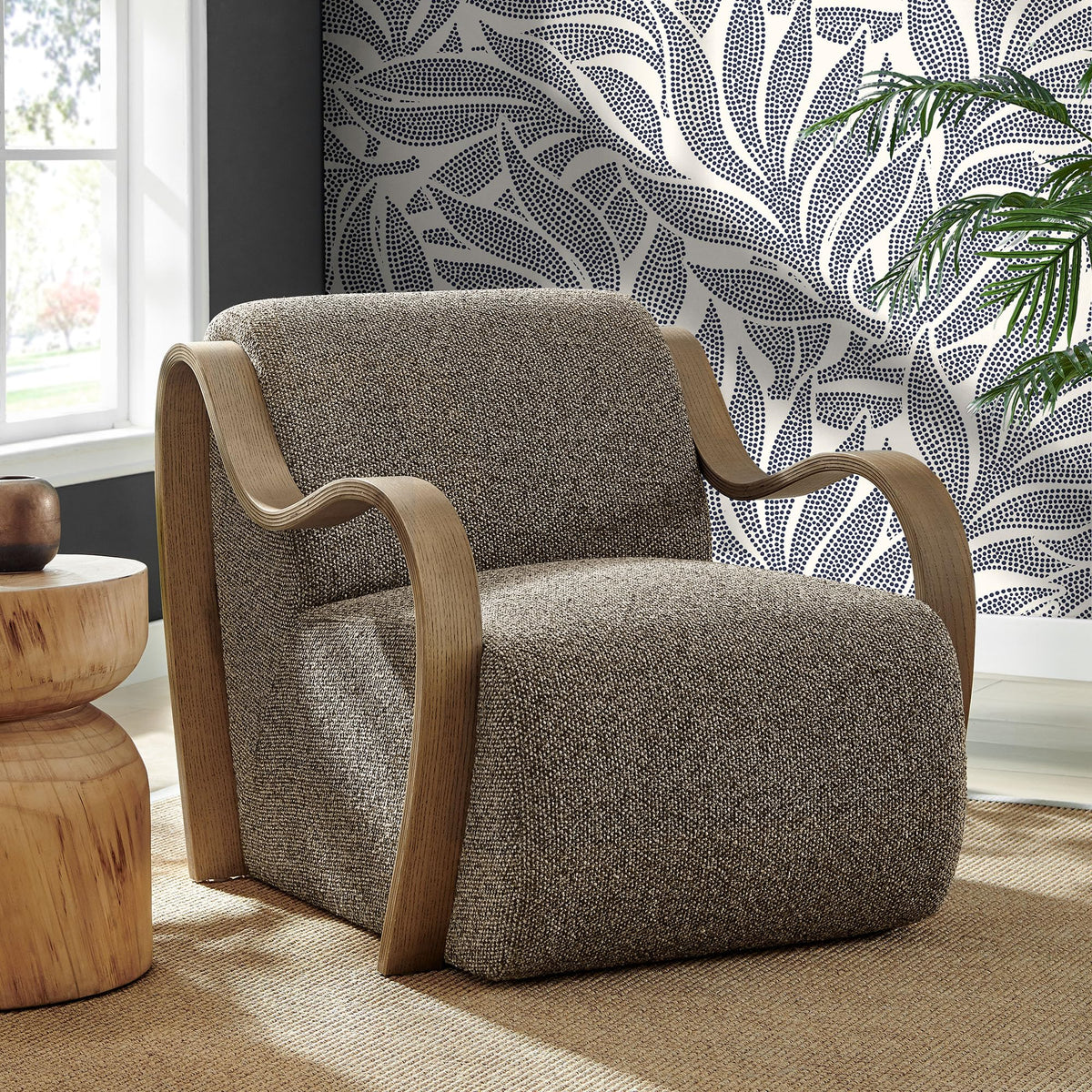Modway Atrium Boucle Upholstered Lounge Chair in Cream with Sculptural Bentwood