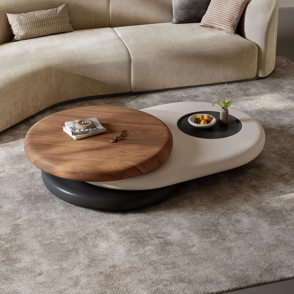 3‑Color Modern Coffee Table for Living Room, Rotating Walnut Veneer Tray