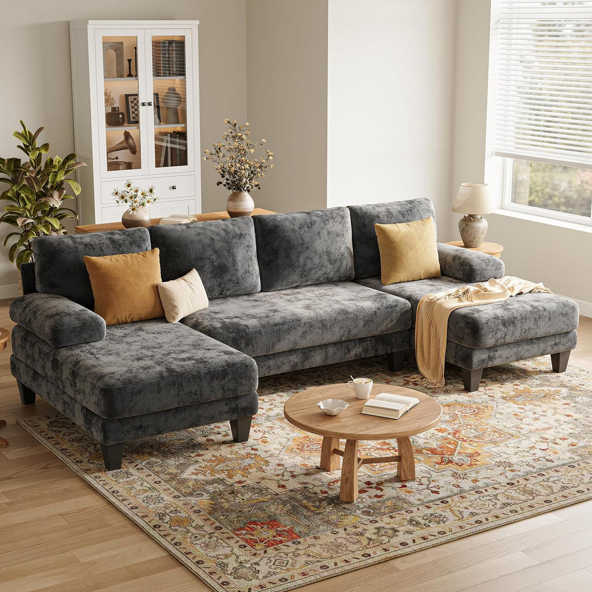 112" U-Shaped Chenille Double-Chaise Sectional Sofa