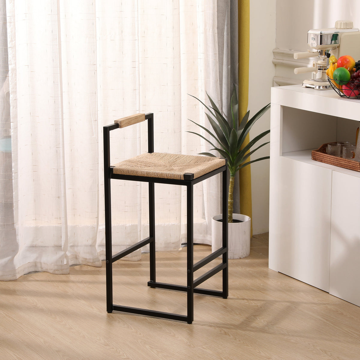 Set of 2 Bar Stools with Back Paper Rope Woven Counter Height Dining Chairs for