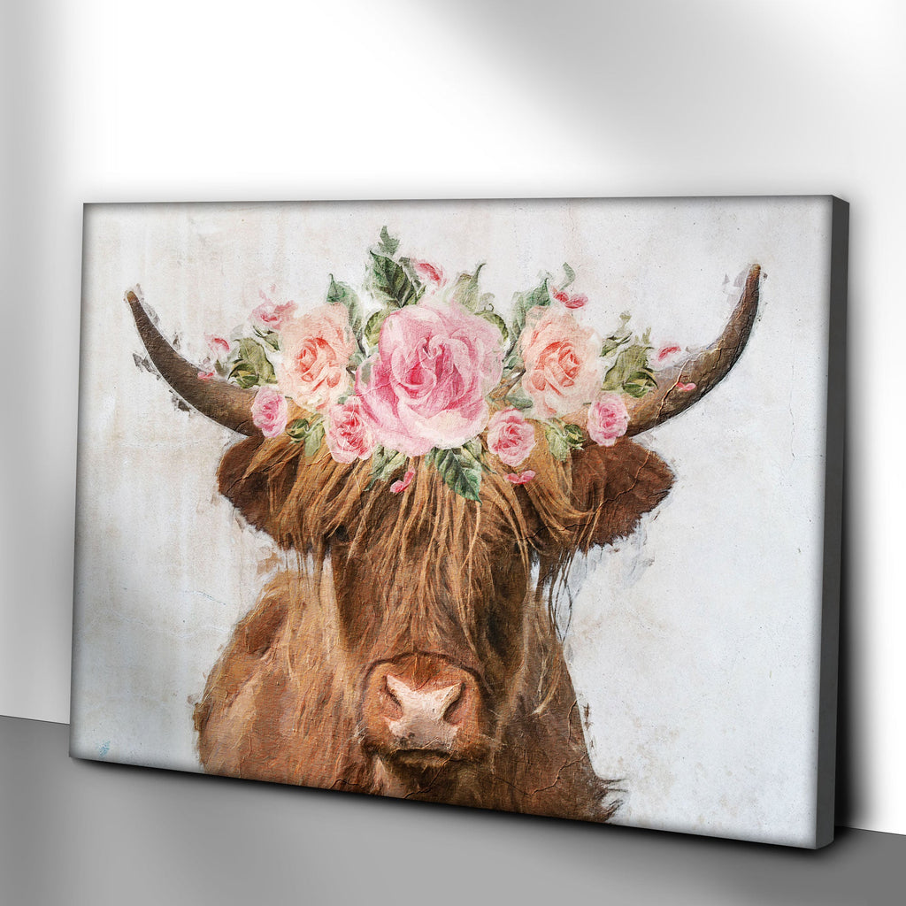 Highland Cow Floral Wreath Canvas Wall Art